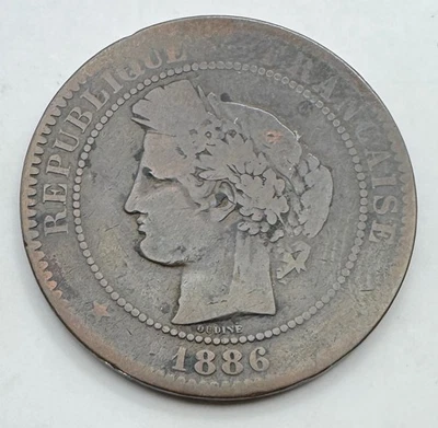 1886 A France 10 Centimes Coin - Bronze - Ten - French Coin  - Free Shipping - Image 1 of 4