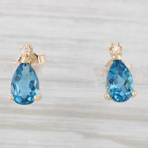 2.02ctw Blue Topaz Diamond Stud Earrings 14k Yellow Gold Studs - Picture 1 of 6