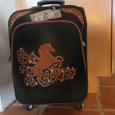Montana West Black Embroidered Leather Carry-On Rolling Luggage*See Description* - Image 1 of 3