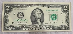 2013 L Fancy Serial Number Two Dollar Bill L24599986A *BIL31 - Picture 1 of 3