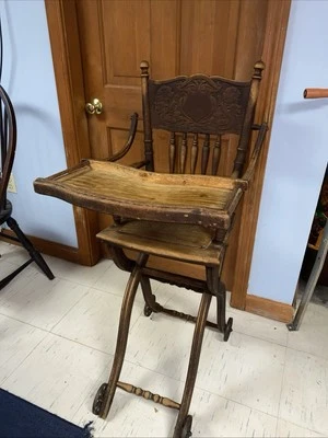 🪑 ANTIGUO COCHECITO TRONA ROBLE VICTORIANO - CONVERTIBLE ✨ Foto 1 de 4