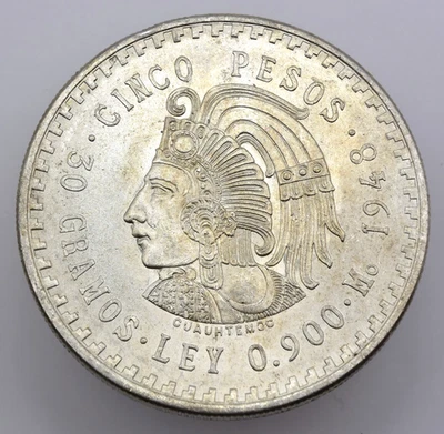 Moneda de 5 pesos de México 1948-Mo 90% plata 40 mm (#1), KM# 465 Foto 1 de 2