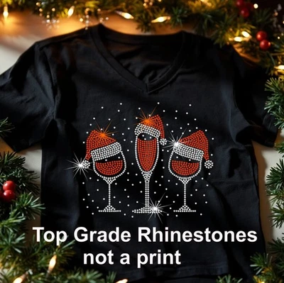 Christmas Xmas Wine Rhinestone Unisex V Neck T Shirt  -  Ladies size 8 to 24 - Image 1 of 4