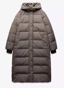 Zara Long Hooded Water And Wind Resistant Puffer Coat Mink Size L Ref 3046/228 - Picture 1 of 3