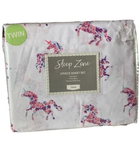 Twin Floral Unicorn Sheet Set Girls Purple Blue Pink Bedding Flowers Pillo - Picture 1 of 5