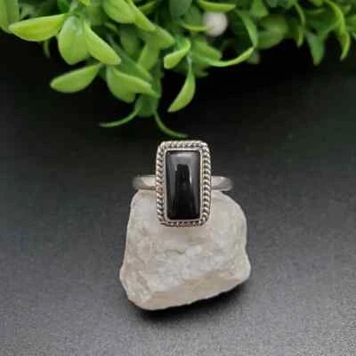 Incredibile Onice Nera Gemma 925 Argento Sterling a Mano Anello Tutte le Misure - Immagine 1 di 4