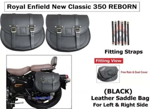 BLACK "LEATHER SADDLE BAG Left & Right Fit For Royal Enfield New Classic 350" - Picture 1 of 19
