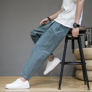 Herrenhose gerades Bein elastischer Bund lässig chinesischer Stil Schnürhose - Bild 1 von 18