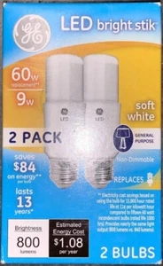 GE LED Bright Stik 9W Soft White General Purpose Light Bulbs |Pack of 2 Bulbs - Picture 1 of 2