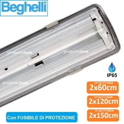 PLAFONIERA STAGNA BEGHELLI VUOTA PER TUBI LED 2 x 60-120-150 CM 220V IP65  - Immagine 1 di 2