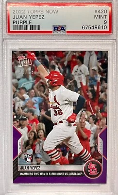 2022 MLB Topps Now Juan Yepez Rookie #420 Purple PARALLEL #/25 Cardinals PSA 9 - Image 1 of 4