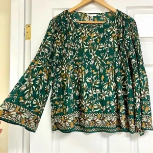NWT Max Studio Boho Women's Crepe Pleated Blouse Green Gold Bell Sleeve Blouse M - Picture 1 of 10