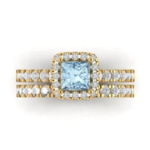 1.6 Princess Cut Halo Swiss Topaz Promise Bridal Ring Band set 14k Yellow Gold - Bild 1 von 5