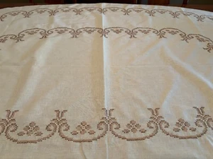 Vintage schöne Kreuzstich Creme Oval Tischdecke Leinen 87 x 56 cm - Bild 1 von 8