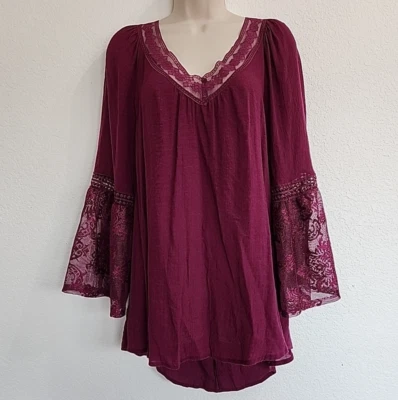 No Boundaries Womens 2X 19-21 Purple Gauze Top Lace Bell Sleeves Boho Flowy Plus - Image 1 of 4