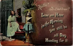 Lose an Hour in the Morning pretty girl talking Wind Up Crank Telephone Postcard - Picture 1 of 2