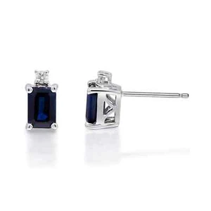 925 Sterling Silver Emerald Cut Blue Sapphire Diamond Studs Earrings Jewelry - Picture 1 of 2