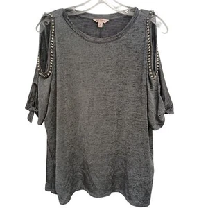 Juicy Couture Rhinestone Cold Shoulder Top Sz M Gray Short Tie DIAMONDS Sleeves - Picture 1 of 13