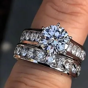 3 CT Bridal Set Moissanite Engagement Ring Solid 14k White Gold Round Cut VVS1 - Picture 1 of 7