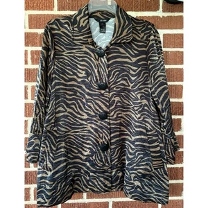 Ali Miles Black and Tan Animal Print Satiny Shimmery Jacket with Buttons Size Sm - Picture 1 of 3