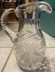 Vtg Crystal Clear Lead Crystal Water Pitcher With Grapes And Leaves Sticker - Picture 1 of 11