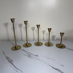 Vintage MCM Brass Candlestick Holders Set Of 5 Graduated Tapered Heights 4"-8” - Picture 1 of 13