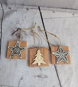 Set 3 Handmade Wooden Rustic Christmas Ornament Snowflakes Christmas Tree New - Picture 1 of 6