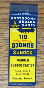 WARREN SUNOCO TANKSTELLE STREICHHOLZHEFTCHENHÜLLE: WARREN, PENNSYLVANIA STREICHHOLZHÜLLE -B23 - Bild 1 von 2