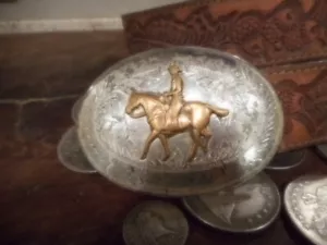 Awessome IRVINE & JACHENS Hand Engvd Working Cowboy Riding Horse Belt Buckle - Picture 1 of 2