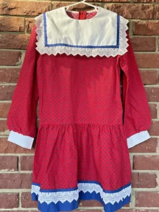 Vintage Dress Girls Size 10 Youngland Red Blue White Lace collar USA Long sleeve - Picture 1 of 8