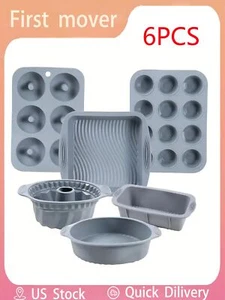 6pcs Gray Silicone Baking Tools Kit Non-Stick Baking Trays, Cake, Bread, Muffin - Picture 1 of 14