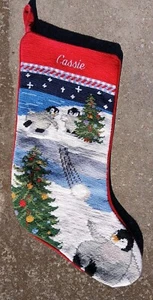 Lands End Wollnadelspitze Weihnachtsstrumpf Pinguin Schneeballschlacht - Bild 1 von 6