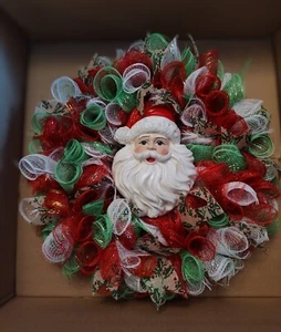 Handmade Seasonal Deco Mesh/Ribbon Wreath Winter Christmas Santa Red Green White - Picture 1 of 2