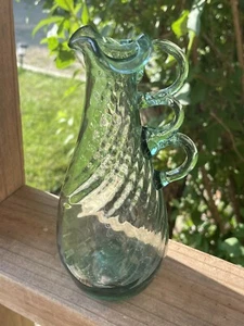 VTG Art Glass- Empoli Italian-Green Oil/Vinegar Bottle- Vase-3 Finger Handle - Picture 1 of 7