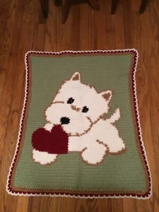 Adorable Vtg Handmade Throw Blanket Crochet w Dog Puppy Terrier Heart Valentine - Picture 1 of 10