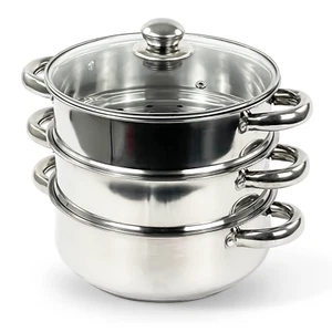 3TIER STEAMER 24cm S/S STEEL INDUCTION HOB MULTI VEG COOKER POT PAN SET WITH LID - Picture 1 of 7