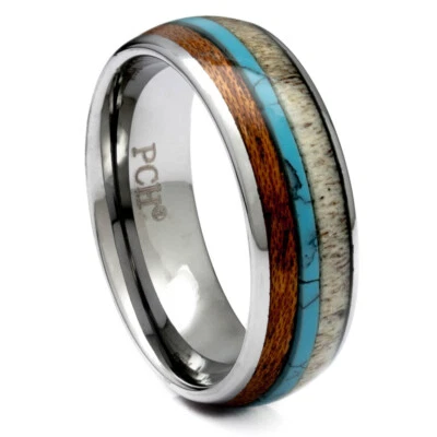 Tungsten Deer Antler Ring With Turquoise and Koa Wood Inlay, 8mm Comfort Fit - Image 1 of 4