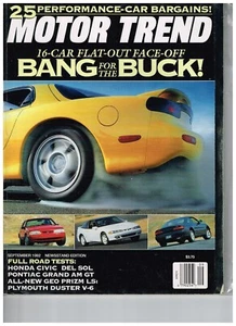 MOTOR TREND MAGAZINE-SEPTEMBER 1992-HONDA CIVIC DEL SOL-PLYMOUTH DUSTER V6-GEO - Picture 1 of 1