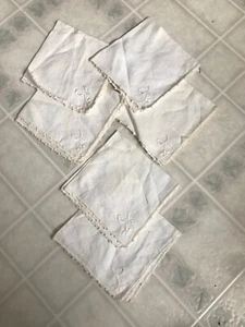  Set of Six Ivory Linen Like Embroidered Floral Napkins Delicate Edging - Picture 1 of 4