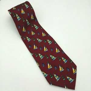 Utopia Maroon Red with Sail Boats Nautical 100% Silk Tie - Picture 1 of 7