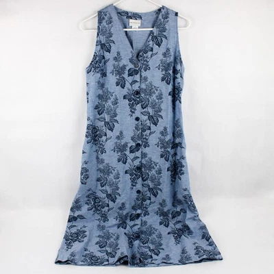 Liz Claiborne Cotton Linen Blue Floral Sleeveless Midi Shift Dress Women's Small - Image 1 of 4