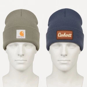 Carhartt Knit Beanie Paket 2 - Acrylic Cuffed Mützen grau & blau - Logo Patch - Bild 1 von 4