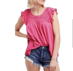 Free People We The Free Smocked Flutter Sleeve Top S Hot Pink Boho Festival NWT - Picture 1 of 11