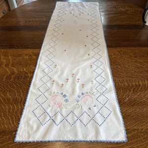 "Corredor de mesa de algodón vintage bordado con bordes de ganchillo 44"" x 14""" - Imagen 1 de 14