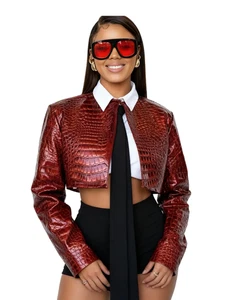 Kunstlederjacke Damen Hipster Schlangenmuster Herbst Trend O-Ausschnitt Langarm Stre - Bild 1 von 12