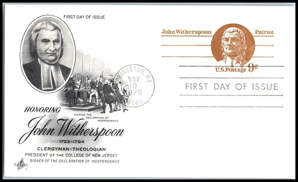 1975 John Witherspoon 9c postal card Sc UX69 FDC with ArtCraft cachet - Image 1 of 1