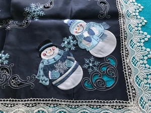 Small lace edge tablecloth 28"x28"and table runner 61" holiday Snowman blue…..b8 - Picture 1 of 4