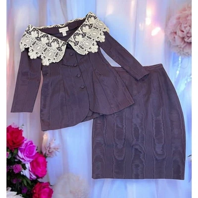 De Colección Años 80 90 Scott McClintock 2 Piezas Falda Traje Talla 8 Púrpura Tafetán Cuello Encaje Foto 1 de 4