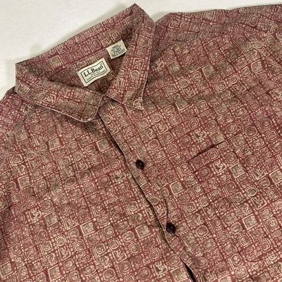LL Bean Mens XL Red Beige Aztec Mayan Hawaiian Short Sleeve Button Up Shirt - Image 1 of 4