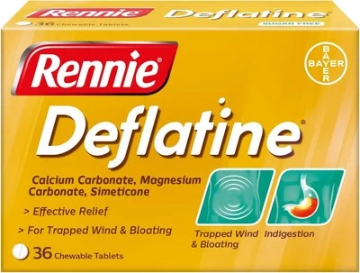 Rennie Deflatine, Trapped Wind and Bloating Tablets, Sugar Free Mint, 36 Tablets